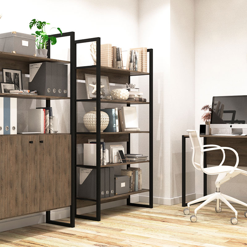 Estantería, estanterias, bibliotecas, Biblioteca, Con, 5, Estantes, estante, Roble, denver, grafito, DST21RDG, mueble, muebles, para, oficina, oficinas, equipamiento, libros, delos, estructura, caño, caños, madera, melamina,.